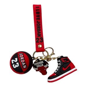 Jordan Red and Black Sneaker & Basketball Keychain with Chicago Bulls Charm
